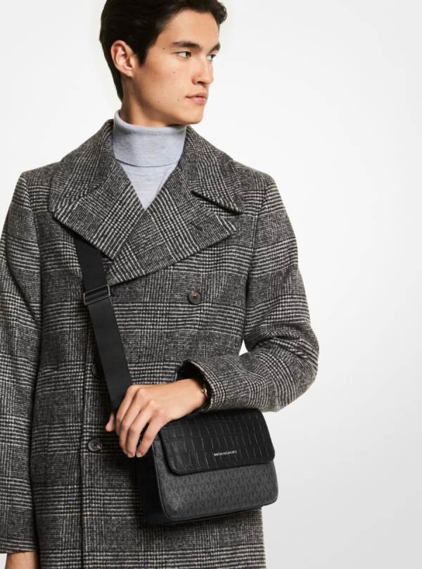 Panske Crossbody Kabelka Michael Kors Hudson Crocodile Embossed Leather and Logo Čierne - Tasky Michael Kors Sleva | HUZJQ-7029